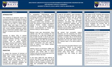 TEMPLATE DESIGN © 2008 www.PosterPresentations.com INDCUTION OF LABOUR WITH FOLEYS CATETHER IN WOMEN WITH PREVIOUS ONE CAESAREAN SECTION NURYUZILIANA D,