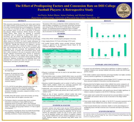 The Effect of Predisposing Factors and Concussion Rate on DIII College Football Players: A Retrospective Study Jon Purvis, Robert Blume, Jenna Chinburg,