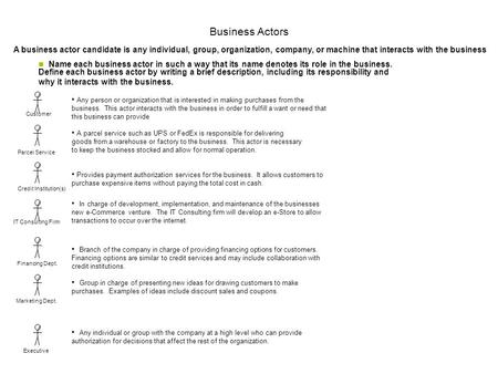 Customer Business Actors Credit Institution(s) Parcel Service A business actor candidate is any individual, group, organization, company, or machine that.