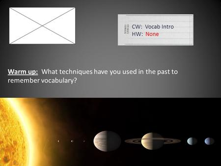 CW: Vocab Intro HW: None Warm up: What techniques have you used in the past to remember vocabulary?