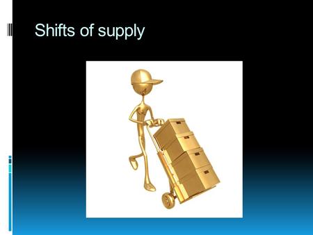 Shifts of supply.  When the ceteris paribus condition is relaxed, the whole supply curve will move if any of the following factors change  Cost of production.