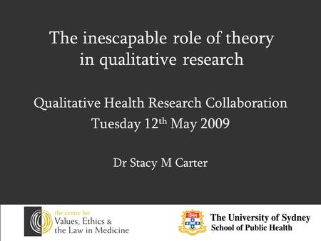 The inescapable role of theory in qualitative research Qualitative Health Research Collaboration Tuesday 12 th May 2009 Dr Stacy M Carter.