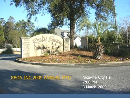 Provide Niceville City Hall 7:00 PM 3 March 2009 RBOA INC 2009 ANNUAL MTG.