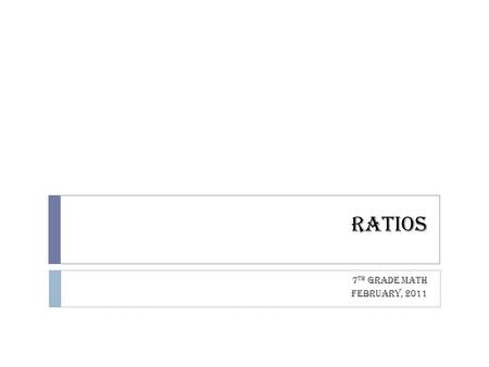 Ratios 7 th Grade Math February, 2011  A ___________ is a comparison of two numbers by division.  A ratio must be expressed in __________.  Example.