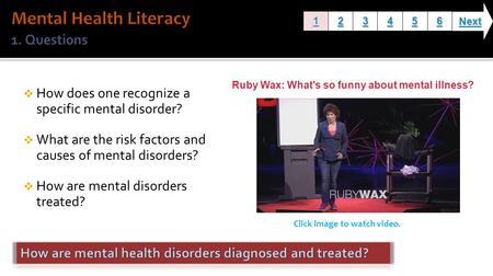  How does one recognize a specific mental disorder?  What are the risk factors and causes of mental disorders?  How are mental disorders treated? 1111.