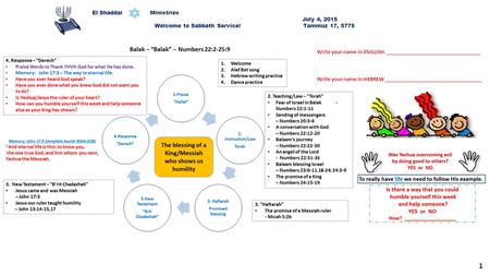 El Shaddai Ministries July 4, 2015 Welcome to Sabbath Service! Tammuz 17, 5775 1 Write your name in ENGLISH. _________________________________ Write your.