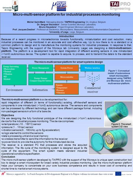 Copyright : M. Saint-Mard. Micro-multi-sensor platform for industrial processes monitoring Michel Saint-Mard, Managing director, TAIPRO Engineering SA,