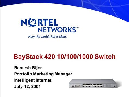 BayStack 420 10/100/1000 Switch Ramesh Bijor Portfolio Marketing Manager Intelligent Internet July 12, 2001.