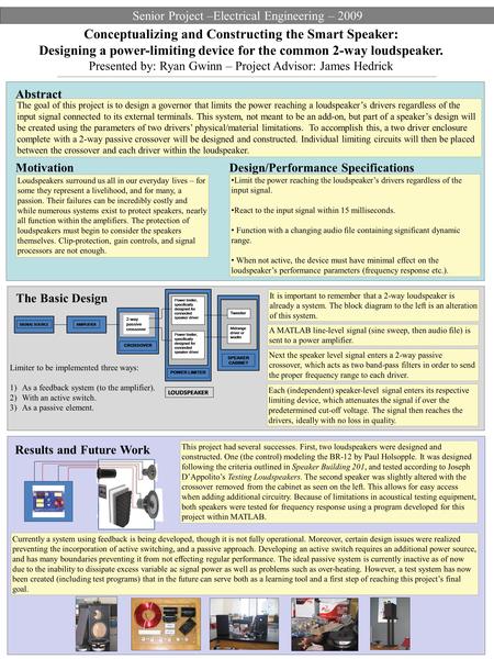 Conceptualizing and Constructing the Smart Speaker: Designing a power-limiting device for the common 2-way loudspeaker. Presented by: Ryan Gwinn – Project.