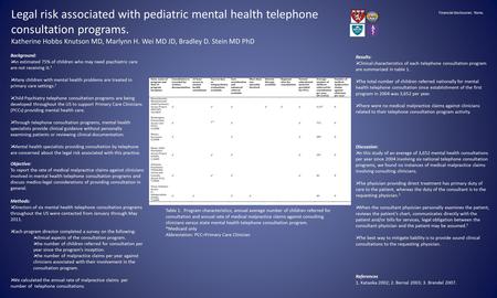 Legal risk associated with pediatric mental health telephone consultation programs. Katherine Hobbs Knutson MD, Marlynn H. Wei MD JD, Bradley D. Stein.