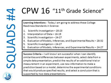 SQUADS #4 Learning Intentions - Today, I am going to address these College Readiness Standards in Science: 1. Scientific Investigation – 20-23 2.Interpretation.