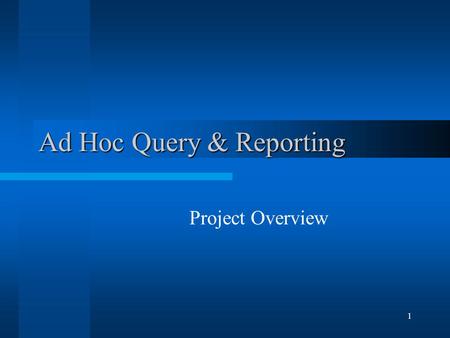 1 Ad Hoc Query & Reporting Project Overview. 2 Project Goals Provides user community with robust “Ad-Hoc” Query & Reporting tool Complements and enhances.