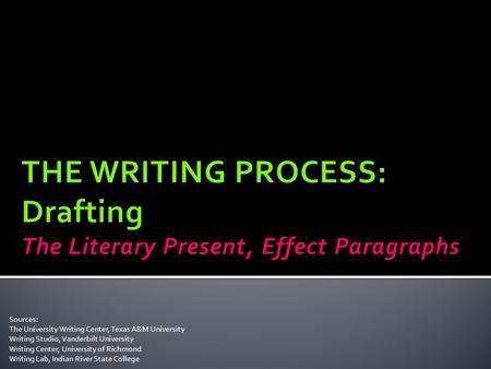 Sources: The University Writing Center, Texas A&M University Writing Studio, Vanderbilt University Writing Center, University of Richmond Writing Lab,