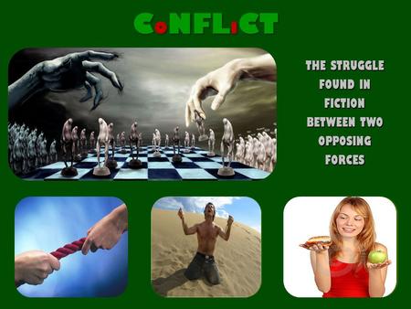 THE STRUGGLE FOUND IN FICTION BETWEEN TWO OPPOSING FORCES C O NFL I CT EXTERNAL CONFLICT MAN IN CONFLICT WITH ANOTHER MAN EXTERNAL CONFLICT MAN IN CONFLICT.