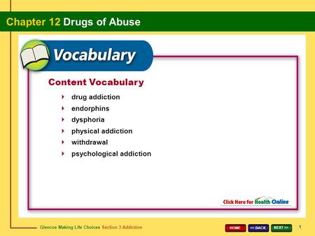 Glencoe Making Life Choices Section 3 Addiction Chapter 12 Drugs of Abuse 1 > HOME Content Vocabulary drug addiction endorphins dysphoria.