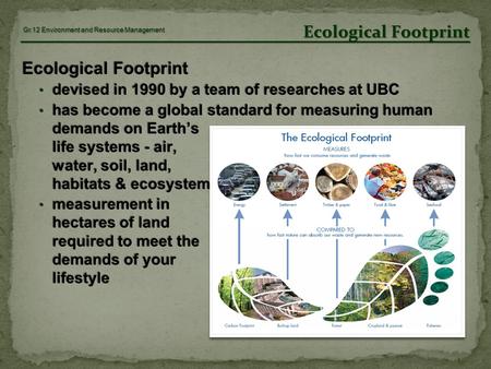 Gr.12 Environment and Resource Management Ecological Footprint devised in 1990 by a team of researches at UBC has become a global standard for measuring.