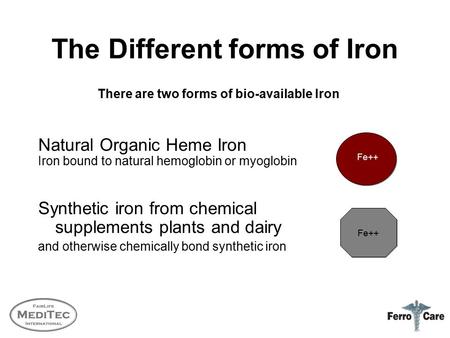 The Different forms of Iron Natural Organic Heme Iron Iron bound to natural hemoglobin or myoglobin Synthetic iron from chemical supplements plants and.