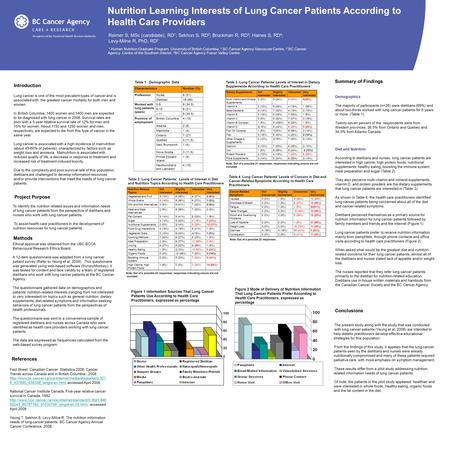 Project Purpose To Identify the nutrition related issues and information needs of lung cancer patients from the perspective of dietitians and nurses who.