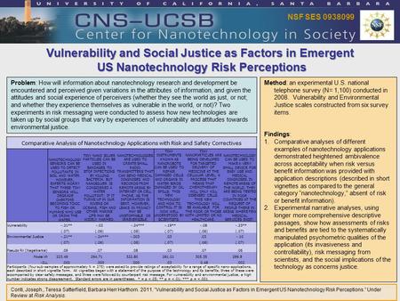 Vulnerability and Social Justice as Factors in Emergent US Nanotechnology Risk Perceptions Conti, Joseph., Teresa Satterfield, Barbara Herr Harthorn. 2011.