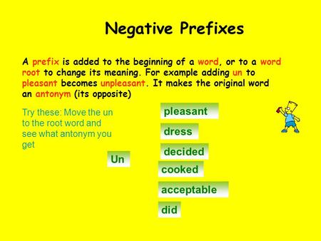 Negative Prefixes pleasant dress decided Un cooked acceptable did