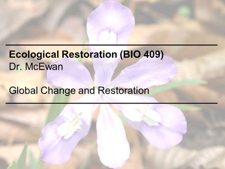 Ecological Restoration (BIO 409) Dr. McEwan Global Change and Restoration.