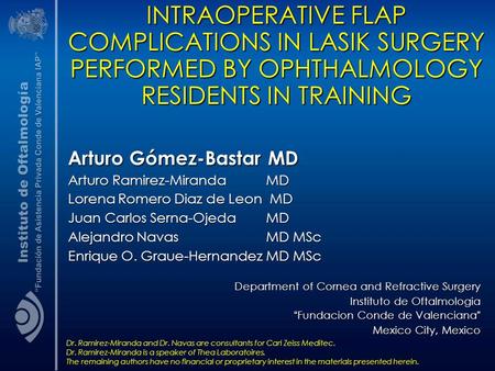 INTRAOPERATIVE FLAP COMPLICATIONS IN LASIK SURGERY PERFORMED BY OPHTHALMOLOGY RESIDENTS IN TRAINING Arturo Gómez-Bastar MD Arturo Ramirez-MirandaMD Lorena.