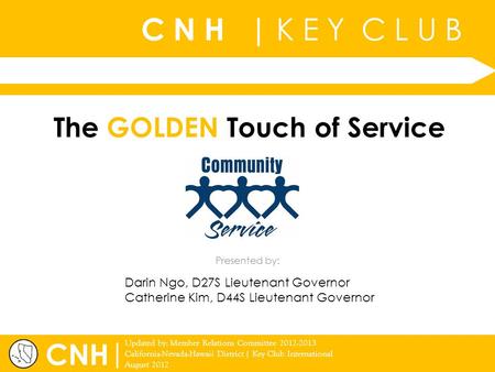 C N H | K E Y C L U B | Updated by: Member Relations Committee 2012-2013 California-Nevada-Hawaii District | Key Club International August 2012 Presented.