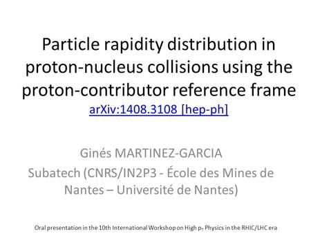 Particle rapidity distribution in proton-nucleus collisions using the proton-contributor reference frame arXiv:1408.3108 [hep-ph] arXiv:1408.3108 [hep-ph]