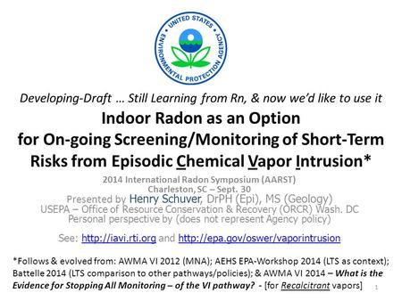 Developing-Draft … Still Learning from Rn, & now we’d like to use it Indoor Radon as an Option for On-going Screening/Monitoring of Short-Term Risks from.