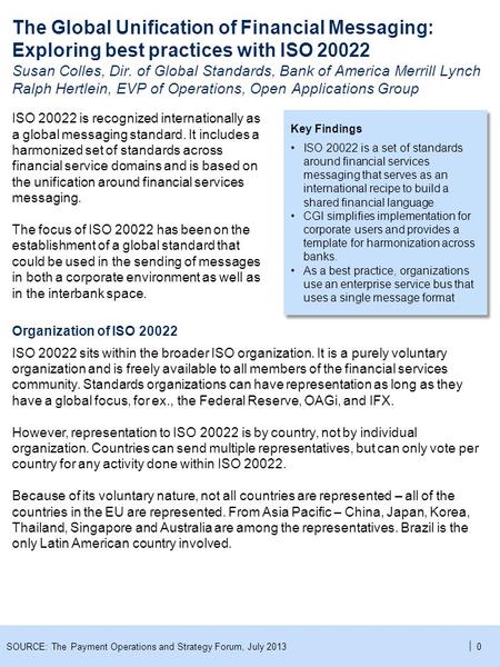 | 0 The Global Unification of Financial Messaging: Exploring best practices with ISO 20022 Susan Colles, Dir. of Global Standards, Bank of America Merrill.