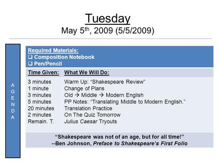 Quote Tuesday May 5 th, 2009 (5/5/2009) Required Materials:  Composition Notebook  Pen/Pencil Time Given:What We Will Do: 3 minutes 1 minute 3 minutes.