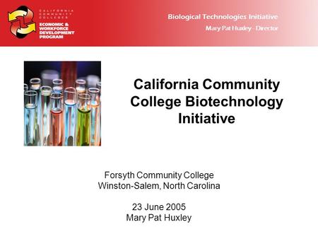 California Community College Biotechnology Initiative Forsyth Community College Winston-Salem, North Carolina 23 June 2005 Mary Pat Huxley Biological Technologies.