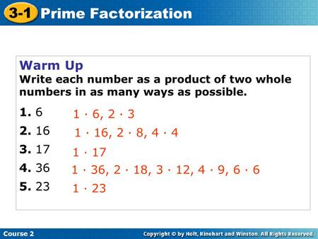 3-1 Prime Factorization Warm Up · 6, 2 · 3