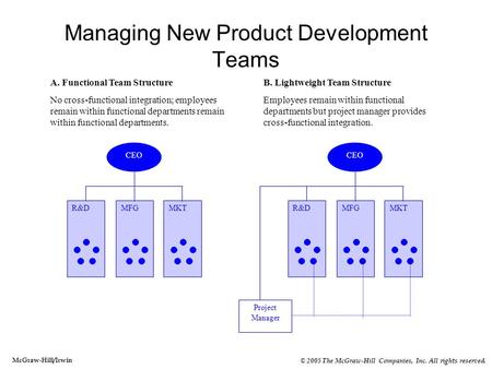 McGraw-Hill/Irwin © 2005 The McGraw-Hill Companies, Inc. All rights reserved. CEO MFGMKTR&D CEO MFGMKTR&D Project Manager A. Functional Team Structure.