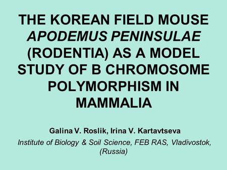 THE KOREAN FIELD MOUSE APODEMUS PENINSULAE (RODENTIA) AS A MODEL STUDY OF B CHROMOSOME POLYMORPHISM IN MAMMALIA Galina V. Roslik, Irina V. Kartavtseva.