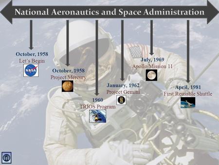 April, 1981 First Reusable Shuttle October, 1958 Let’s Begin 1960 TRIOS Program October, 1958 Project Mercury July, 1969 Apollo Mission 11 January, 1962.