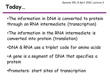 Today… Genome 351, 8 April 2013, Lecture 3 The information in DNA is converted to protein through an RNA intermediate (transcription) The information in.