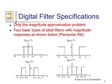 AGC DSP AGC DSP Professor A G Constantinides 1 Digital Filter Specifications Only the magnitude approximation problem Four basic types of ideal filters.