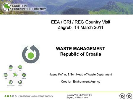 Country Visit EEA/CRI/REC Zagreb, 14 March 2011 EEA / CRI / REC Country Visit Zagreb, 14 March 2011 WASTE MANAGEMENT Republic of Croatia Jasna Kufrin,