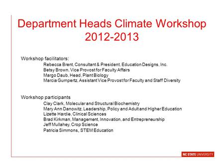 Department Heads Climate Workshop 2012-2013 Workshop facilitators: Rebecca Brent, Consultant & President, Education Designs, Inc. Betsy Brown, Vice Provost.