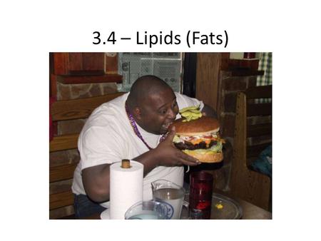 3.4 – Lipids (Fats). Learning Objectives Learn what a triglyceride is. Learn what a fatty acid is. Learn the structure of a phospholipid. Learn how lipids.