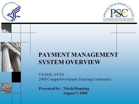 PAYMENT MANAGEMENT SYSTEM OVERVIEW US DOL-VETS 2008 Competitive Grants Training Conference Presented by: Nicole Dunning August 7, 2008.