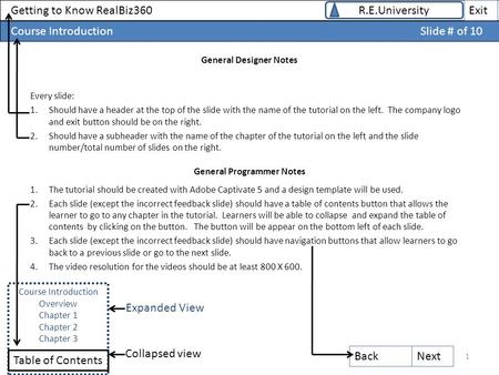 Course Introduction Slide # of 10 Course Introduction Overview Chapter 1 Chapter 2 Chapter 3 Getting to Know RealBiz360 Table of Contents BackNext R.E.University.