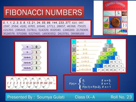 FIBONACCI NUMBERS 0, 1, 1, 2, 3, 5, 8, 13, 21, 34, 55, 89, 144, 233, 377, 610, 987, 1597, 2584, 4181, 6765, 10946, 17711, 28657, 46368, 75025, 121393,