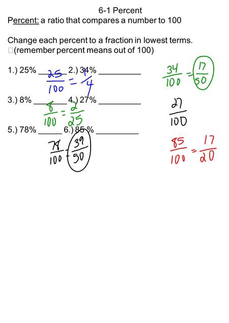 6-1 Percent Percent: a ratio that compares a number to 100