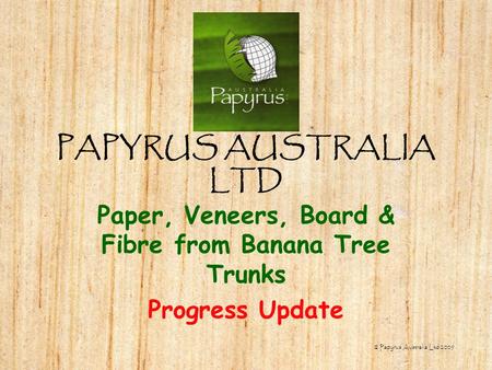 © Papyrus Australia Ltd 2009 PAPYRUS AUSTRALIA LTD Paper, Veneers, Board & Fibre from Banana Tree Trunks Progress Update.