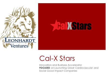 Cal-X Stars Innovation and Business Accelerator FOCUSED on Launching Great Cardiovascular and Social Good Impact Companies.