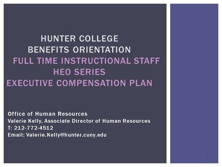 Hunter College Benefits Orientation Full Time Instructional Staff HEO SERIES Executive compensation plan Office of Human Resources Valerie Kelly,