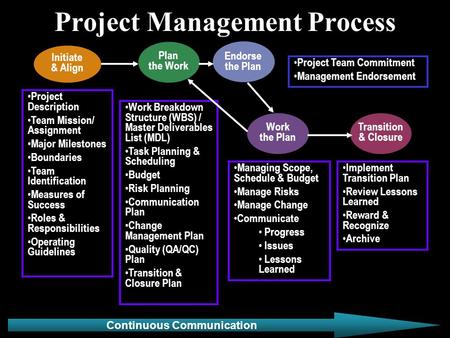 Project Management Process Project Description Team Mission/ Assignment Major Milestones Boundaries Team Identification Measures of Success Roles & Responsibilities.