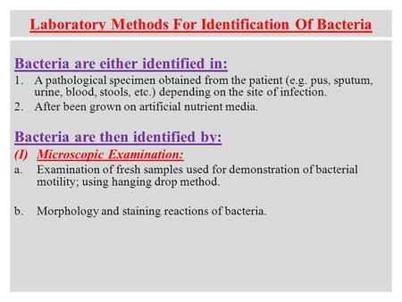 Laboratory Methods For Identification Of Bacteria